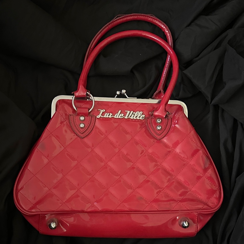 Lux de Ville Bright Red Quilted Patent Satchel with Top Handles